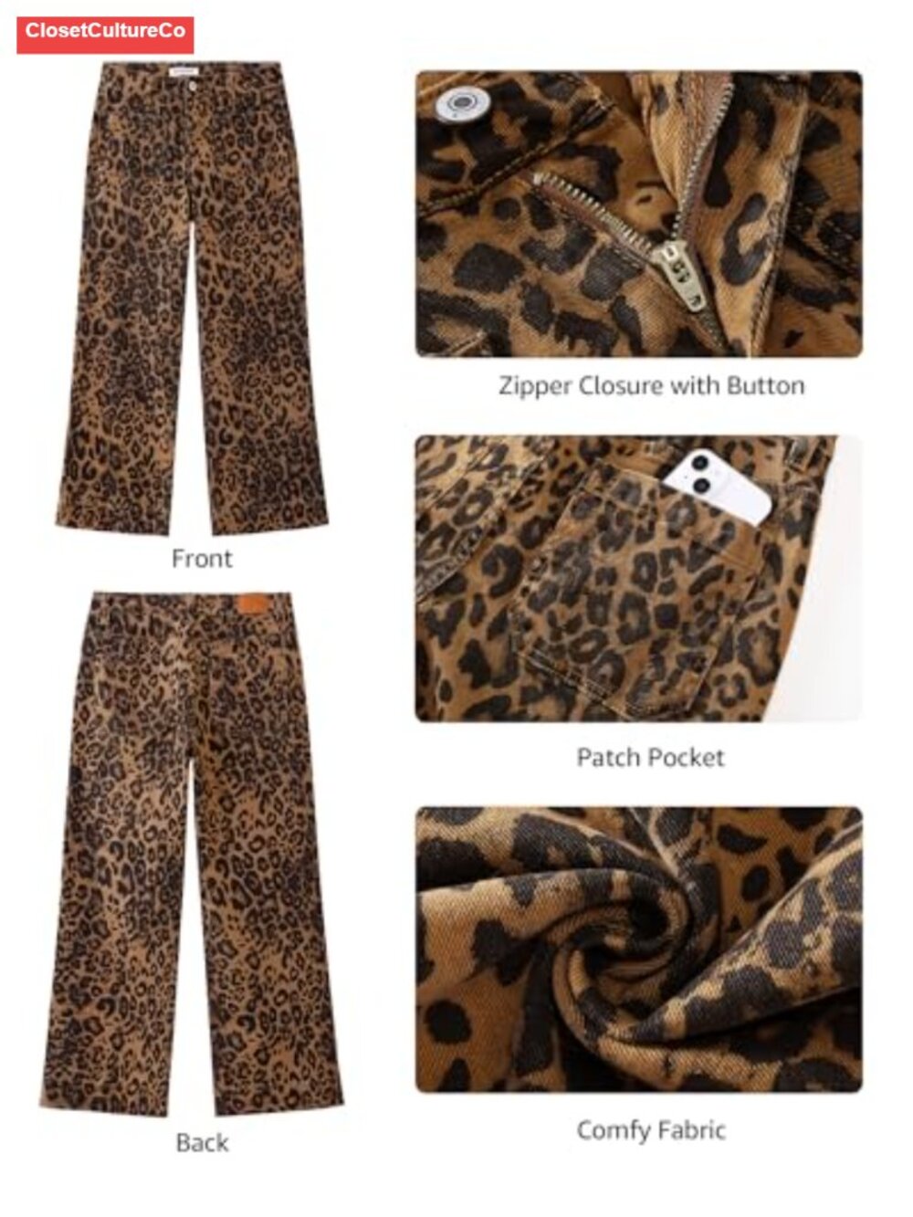 Wide Leg High Waisted Leopard Print Cropped Jeans with Patch Pockets - Picture 5 of 6
